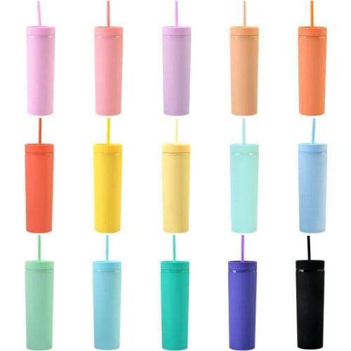 Double Wall Skinny Plastic Forsted Water Bottle Matt Finished 16oz Straight Cup Insulated Tumbler Coffee Mug With Straw