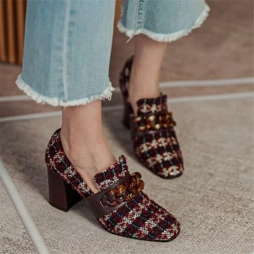 Chain Elegant Shoes Women High Heels Square Toe Slip On Women Pumps Spring Autumn Ladies Shoes High Quality