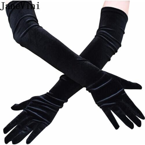 JaneVini 53cm Guantes Vintage Black Velvet Long Wedding Gloves Women Evening Party Banquet Ladies Bridal Gloves Lolita Robe Gant