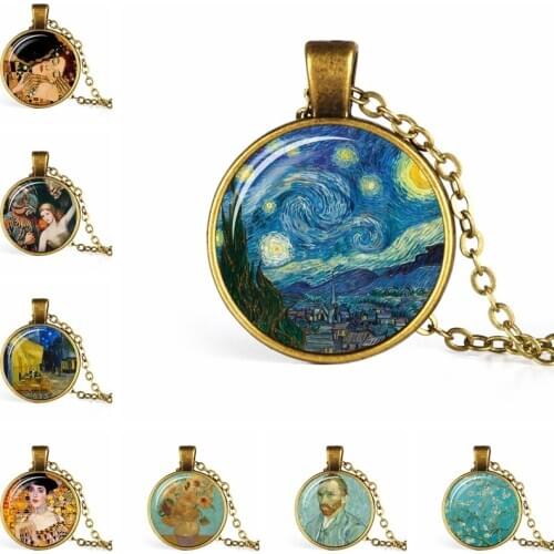 Vintage Jewelry Van Gogh Starry Night Gustav Klimt The Kiss Art Painting Glass Cabochon Pendant Choker Necklace for Women Gift