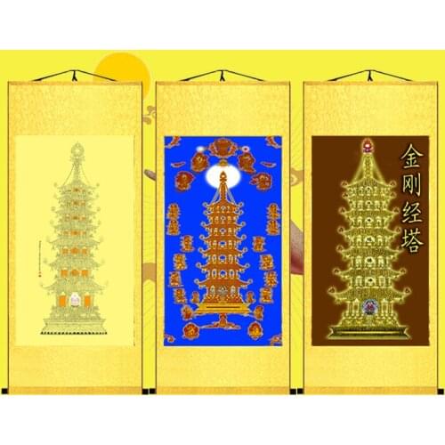 Hanging pictures in Buddha Hall of Vajra Sutra tower, High definition silk scroll painting of Buddha statue