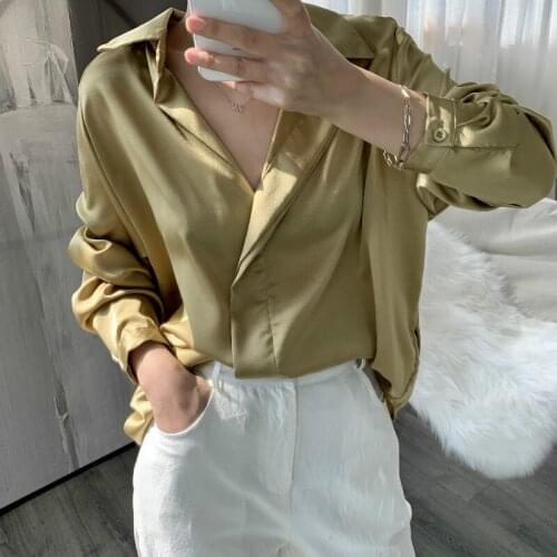 Sherhure 2020 Women Pure Color Satin Turn Down Collar Womens Tops And Blouses Long Sleeve Shirt Blusas Roupa Feminina