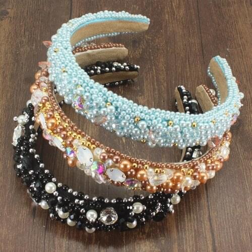 Handmade Baroque Women Hair Accessories Beads Headbands High Quality Full Pearl Padded Hairhoop Bridal Tiara Wedding Headband