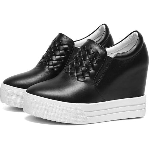 10cm High Heel Fashion Sneakers Women Genuine Leather Wedges Ankle Boots Female Round Toe Chunky Platform Creepers Casual Shoes