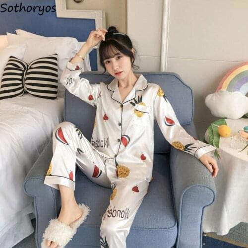 Pajama Sets Long Sleeve Women Spring Turn-down Collar Rayon Cardigans Sleepwear Chic Womens Sexy Breathable Printed 2pcs Ulzzang
