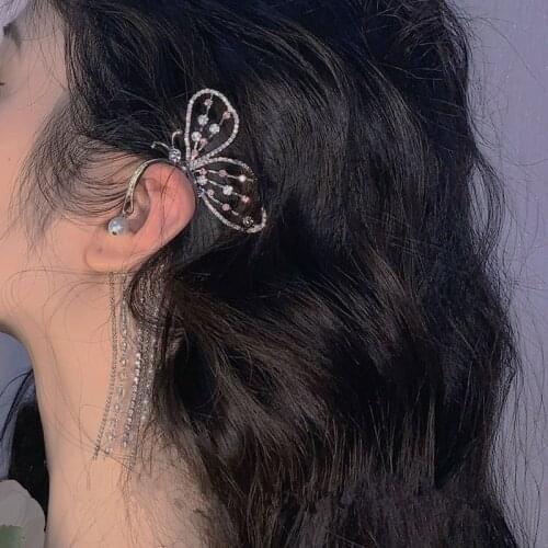AOMU Romantic Pink Silver Color Metal Rhinestone Butterfly Tassel Ear Clips Irregular Hollow Long Ear Bone Clip for Women Gifts