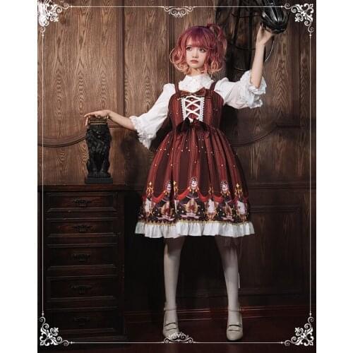 Star Rabbit Cute Womens Lolita Dress JSK Suspender Dress Cute Fairy Kei Fancy Party Dress One Piece Color Dark Red