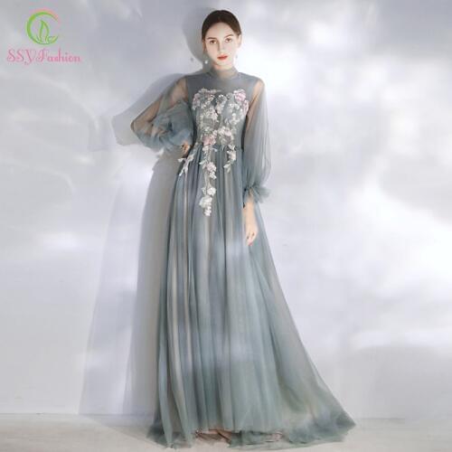 SSYFashion New Romantic Flower Fairy Evening Dress Long Sleeve Lace Appliques Beading Grey Blue Long Prom Formal Gowns Custom