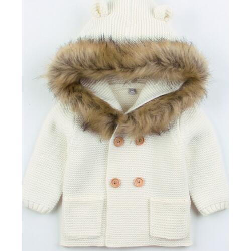 0-24M Winter Baby Boys Girls Knitted Cardigan Jackets Outfits Warm Autumn Infant Kids Fur Hooded Sweaters Long Sleeve Coat