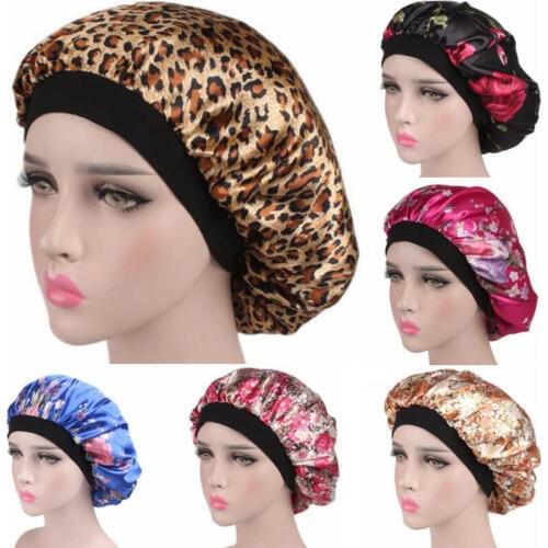 1pc Women Satin Night Sleep Cap Floral Leopard Print Nightcap Hair Bonnet Hat Silk Head Cover Wide Elastic Party Cosplay Hats