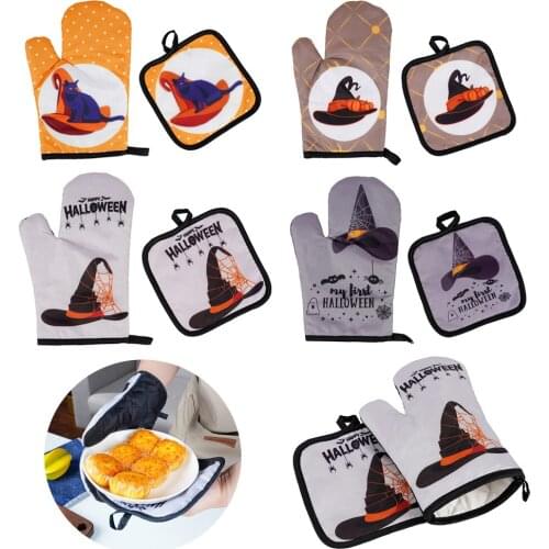 2 Pcs/Set Anti-scalding Gloves Pad Oven Mitts Baking Halloween Hat Pattern Insulation Gloves For Kitchen Baking Grill Microwave