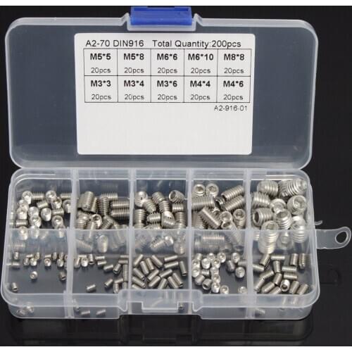 200pcs/set New M3 M4 M5 M6 M8 Stainless Steel Hex Socket Set Screws Assortment Kit