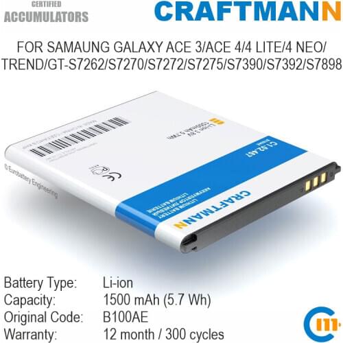 Battery for Samsung GALAXY ACE 3/ACE 4/ACE 4 DUOS/4 LITE/4 NEO/TREND/GT-S7262/S7270/S7272/S7275/S7390/S7392/S7898/Z1 (B100AE)
