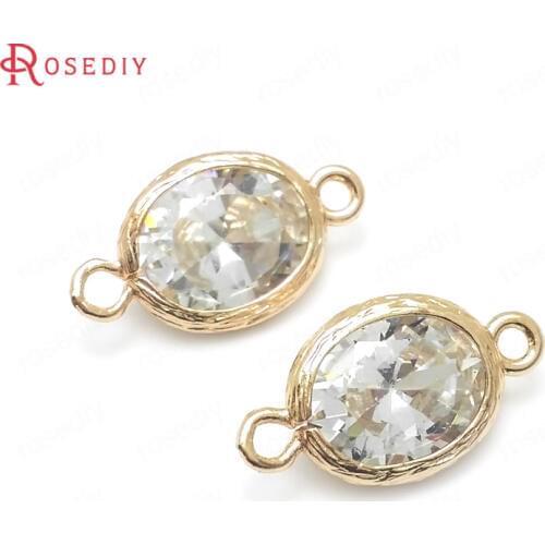 C548)10 pieces 15x7mm 17x10mm 24K Champagne Gold Color + White Zircon Brass 2 Holes Oval Connect Charms Pendants Accessories