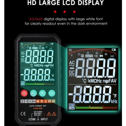 Digital Multimeter LCD 6000 Counts True RMS AC/DC Voltage Resistance Capacitance Frequency Continuity Diode NCV Test Temperature