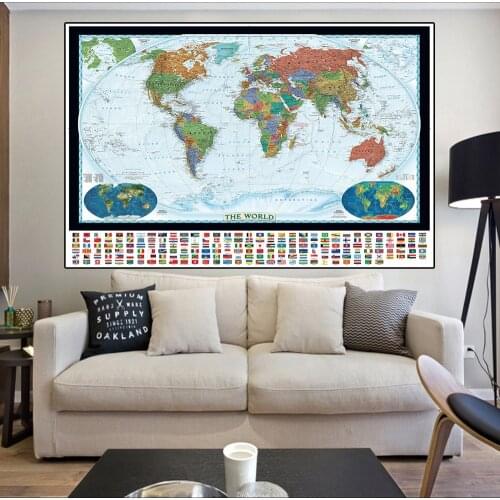 90*60cm Thel World Political Map With National Flags Wall Sticker Card Art Posters And Prints Living Room Home Decoration