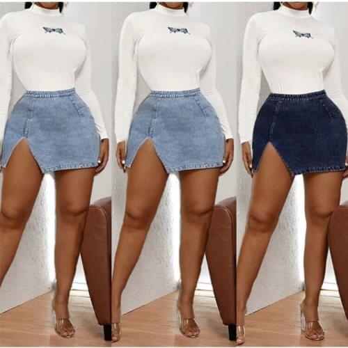 Summer Streetwear Solid Bodycon Denim Skirts Color Women High Waist Ladys Sexy High Split Tight Wrap Skirt