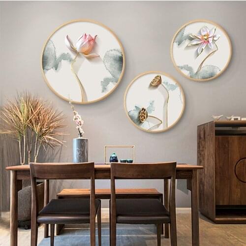 New Chinese Style Wall Art Lotus Flower Canvas Painting Pictures Home Decoration Round Wooden-frame Poster for Living Room