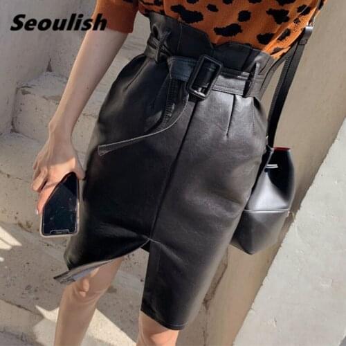 2021 New Women Black PU Leather Pencil Midi Skirt Fashionable High Waist Split Sheath Wrap Skirt with Belt Female Spring Autumn