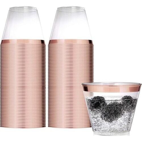 9oz Rose Gold Plastic Cups 50 Pack ~ Fancy Plastic Cups ~ Disposable Cups for Wedding - Elegant Party Cups with Rose Gold Rim