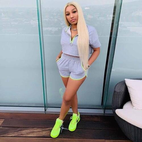 Casual Neon Green Workout Zipper Up Short Sleeve Crop Hoodie and Elastic Waist Biker Shorts for Women Casual Athleisure Outfits