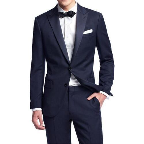 Handsome Mens Suits Navy Blue Groomsmen Peak Satin Lapel Groom Tuxedos Wedding Best Man Suit (Jacket+Pants+Tie+Girdle) B628