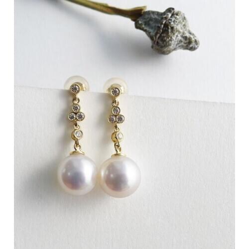 AAA 8-8.5mm Real Akoya Cultured White Pearl Long Drop Earrings 14K Yellow Gold