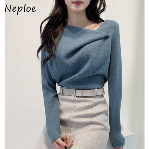 Neploe Skew Collar Irregular Knitted Sweater Women Chic Autumn Winter Elegant Femme Pullovers Solid Color Simple All-match Tops