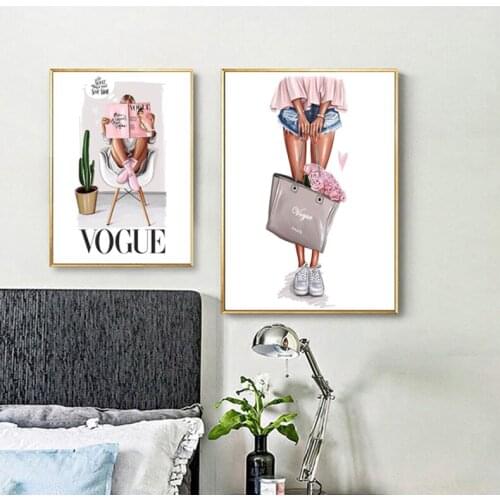 Scandinavian Style Female Fashion Modern Canvas Painting Pink Flowers Green Plants Bedroom Living Room Wall Decoration Painting