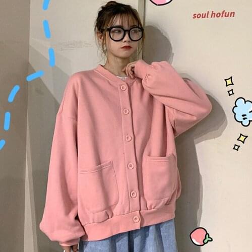 Jackets Women Sweet Single Breasted O-Neck Thicker Plus Velvet Womens Pure Color Female Autumn Coats Pockets Harajuku Streetwear