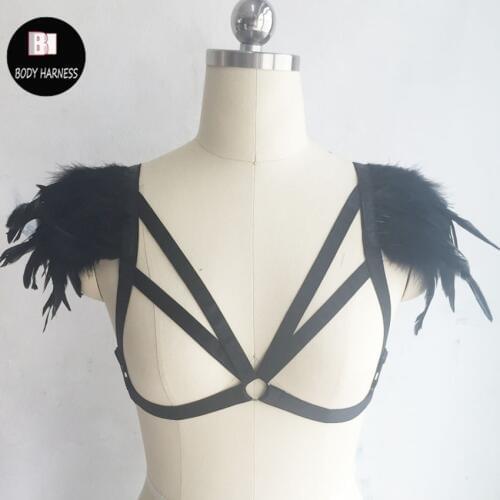 Women Fetish vampire fantasy couture sexy feathered epaulettes elastic harness feather brassiere rave bra festival body harness