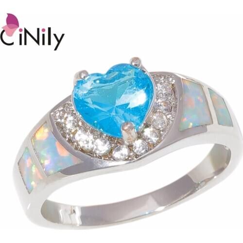 CiNily Created White Blue Fire Opal Cubic Zirconia Silver Plated Wholesale Hot Heart for Women Jewelry Ring Size 6-10 OJ9390-91