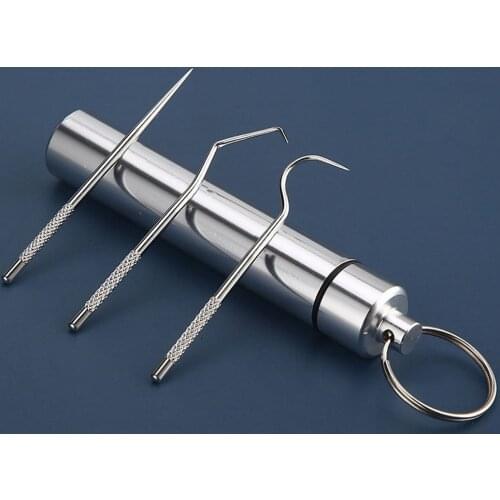 Stainless Steel Metal Toothpick Portable Crochet Tooth Picker Oral Hygiene Care Tools Set Toothpick Needle Hangable Keychain