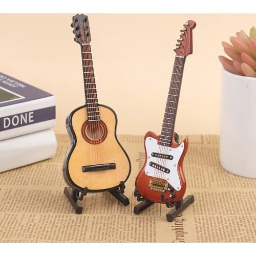 1/6 Dollhouse Miniature Wooden Electric Guitar With Stand Model Instrument Toy Gift For Children Kids