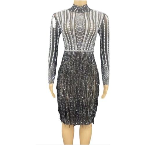 Sparkly Rhinestone Pearl Fringes Short Dress Evening Prom Party Birthday Dresses Sexy Tassel Stage Wear Dance Costume Dress