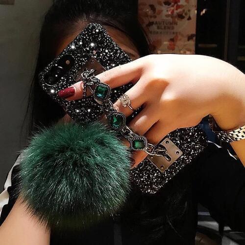 For Samsung S10 S9 Plus DIY Glitter Bee Soft Fur Ball+crystal Strap Phone case For iPhone 12ProMax 6 6SPlus 11 pro MAX 7 8P