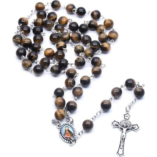 Rosary Prayer Bead Tiger Eye Stone Necklace Cross Christian Lucky Amulet Jewelry QX2E
