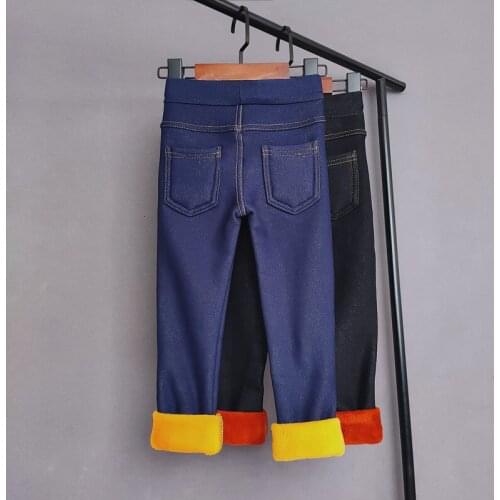 Kids Denim Pencil Pants Autumn Winter Girls Plus Velvet Warm Jeans Trousers Babys Girls Elastic Waist Thicken Cashmere Pants