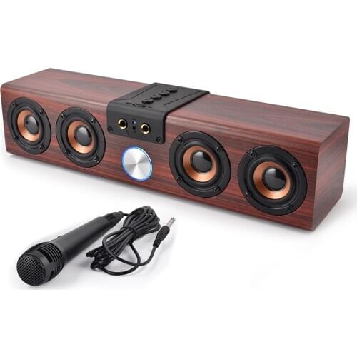 Home audio Wooden soundbar bluetooth speaker music acoustic system 20W HIFI stereo music audio speaker with Microphone Kalaok