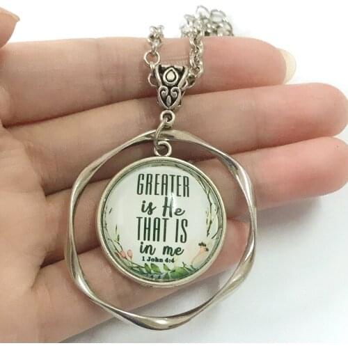 Christian Jewelry Cabochon Inspirational Bible Verse Necklace 1 John 4:4 Pendant Necklace Jewelry Women Girls Gifts