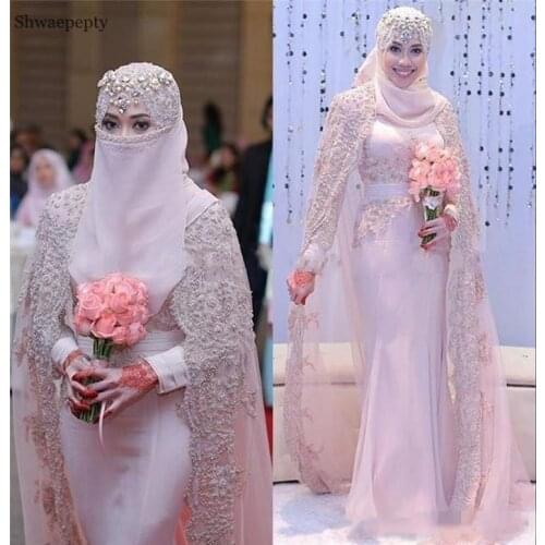 Kaftan Arabic Muslim Light Pink Wedding Dress 2021 Mermaid Style High Neck Long Sleeve Lace Beads Cape Wraps Hijab Bridal Gown