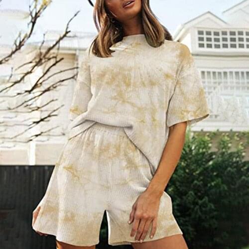 Homewear Tie Dye Printed Women Shorts Set O-Neck Loose T Shirt Shorts 2 Piece Set Tracksuit Ladies Summer Fashion Sportwear Suit