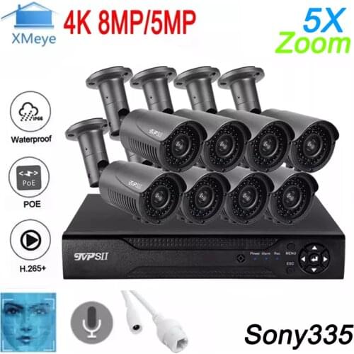 Gray 5MP H.265+ 2.8-12mm 5X Zoom Outdoor IP66 Metal ONVIF Face Detection Audio 4CH 8CH 8 Channel POE IP CCTV Camera Kits System