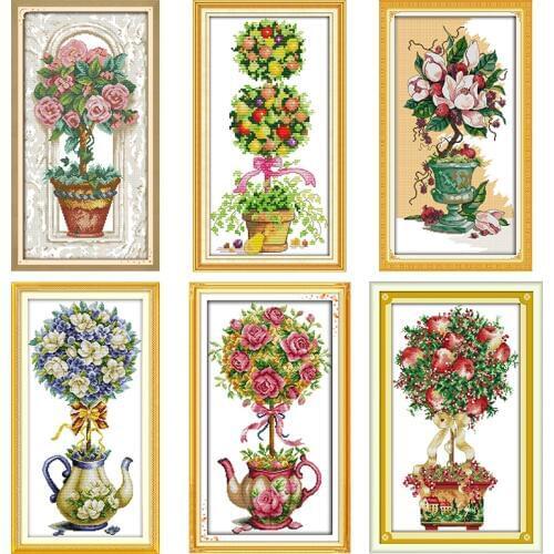 Magnolia Rose Flower Ball and Teapot Count Cross Stitch Pattern Kit DMC 11CT 14CT Canva Print DIY Embroidery Set Home Decoration