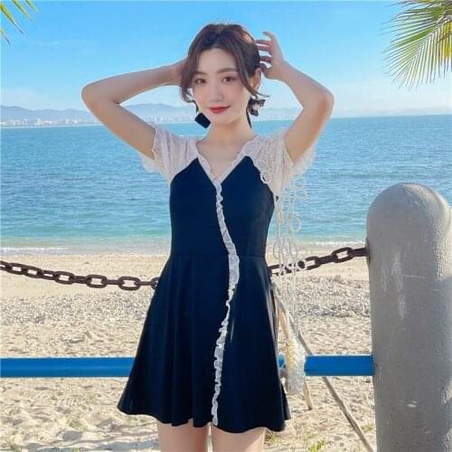 2021 New Korean Style Womens Solid One-piece Swimsuit Bikini Sexy Short T-shirt Femininas Swimwear Swimming Swimskirt