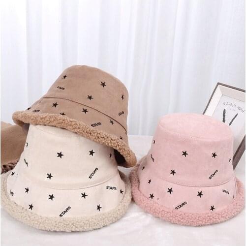 Bucket Hat For Women Autumn And Winter Warm Lamb Plush Star Embroidered Fashionable