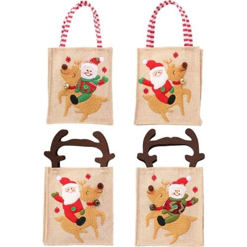 Portable Cute Linen Embroidered Gift Bag Candy Antler Christmas Bag Decor Snowman Pattern Gift Packaging Bag