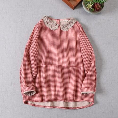 Lamtrip Sweet Retro Super Soft Cotton Yarn Plaid Lace Peter Pan Collar Long Sleeve Shirt Blouse 2021 New