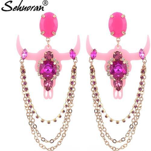 Sehuoran Brincos Oorbellen Crystal Stone Resin Bull Head Pendients Multilayer Long Drop Earrings For Woman Party Luxury Jewelry