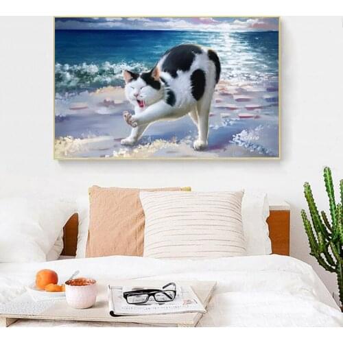 Modern Animal Oil Painting Poster Prints Wall Art Canvas Painting Abstract Cute Cat Pictures for Living Room Home Decor No Frame
